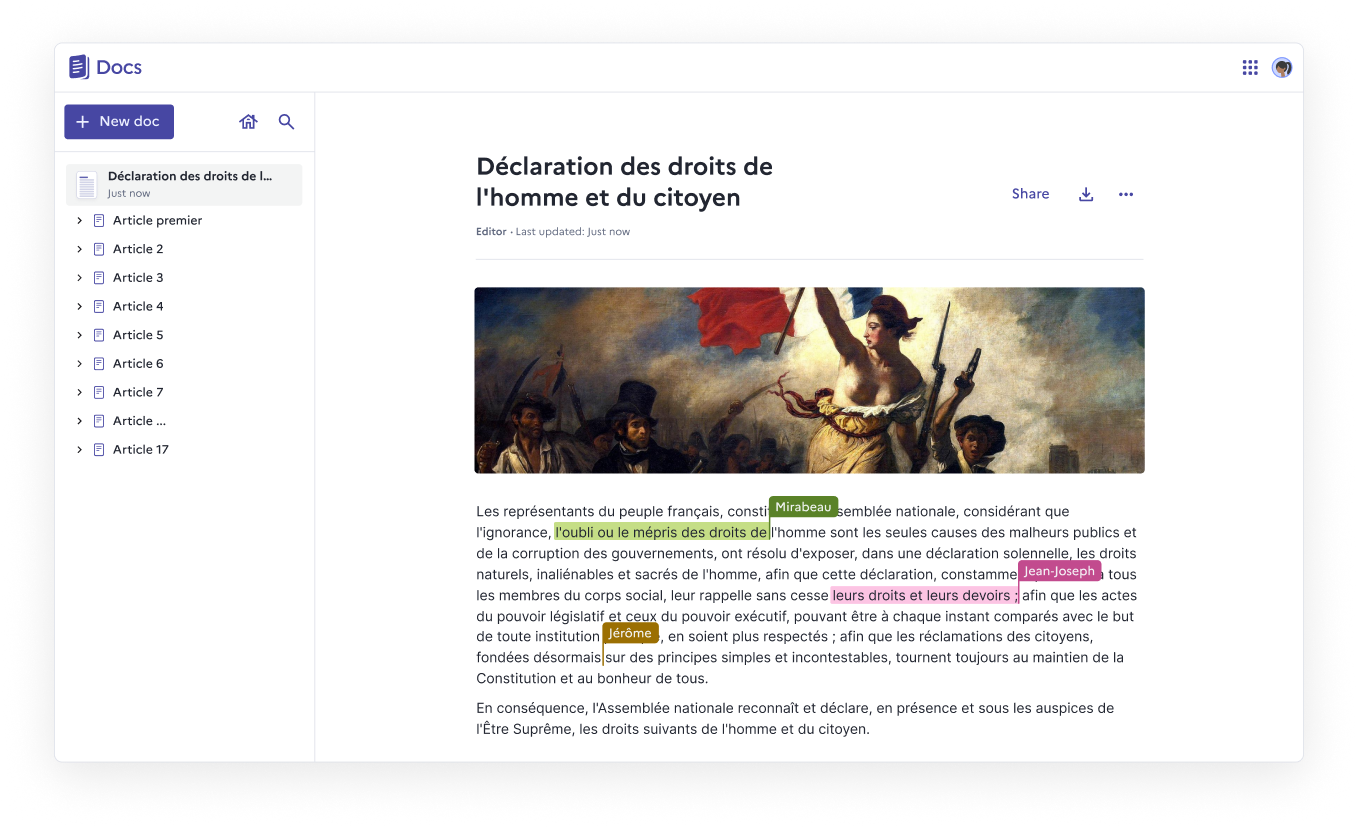A Docs document titled 'Déclaration des droits de l'homme et du citoyen', with a Delacroix painting and three collaborators — Mirabeau, Jean-Joseph, and Jérôme — live-editing with highlighted text and cursor tags.