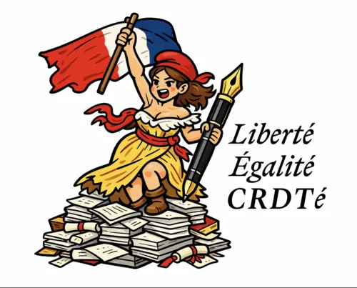 "Liberté, Égalité, CRDTé" sticker: Marianne holding a pen atop a stack of books