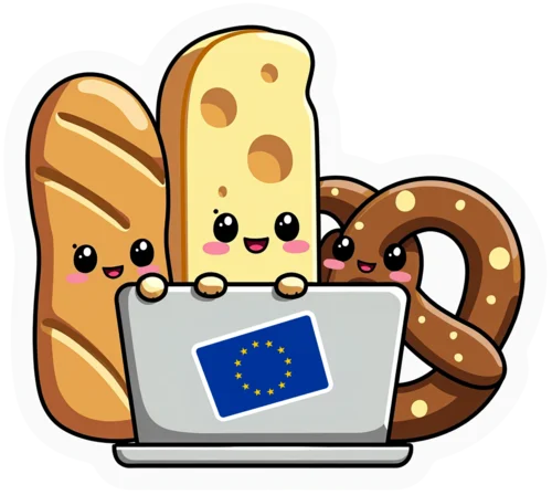 Sticker of baguette, cheese, and pretzel mascots sharing a laptop with an EU flag on screen